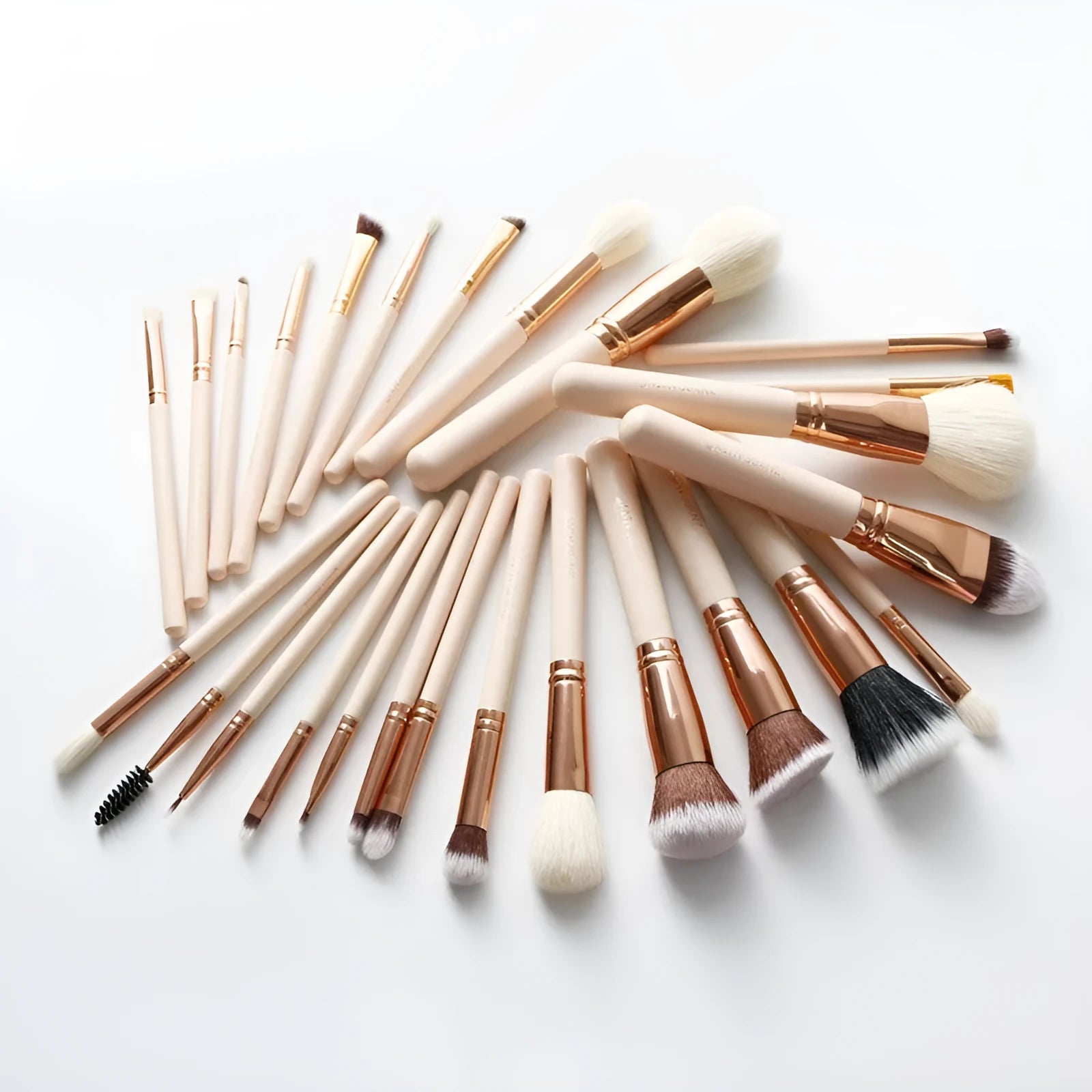 26 pink wooden-handle makeup brushes with natural wool bristles in a PU storage bag