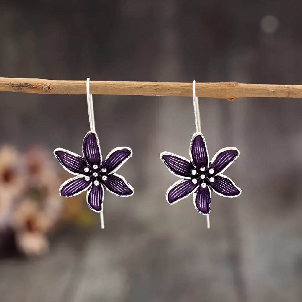 Purple flower earrings with alloy electroplated construction and floral design jewellery
