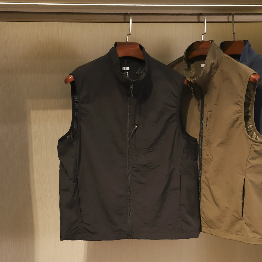 Men's black quick-drying retro bandage vest cardigan with side pocket, shown on a hanger.