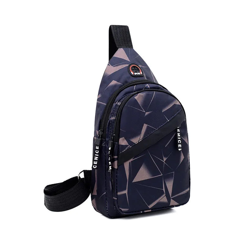 Men's blue crossbody sling bag with earphone hole showing square shape and strap