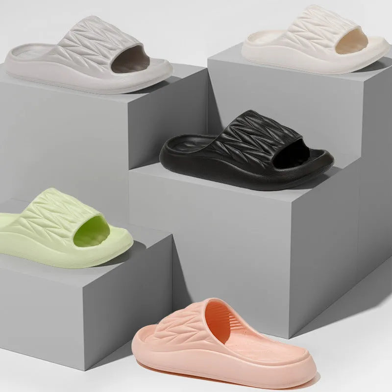 Leaf texture design EVA slippers in multiple colours showing non-slip patterned sole