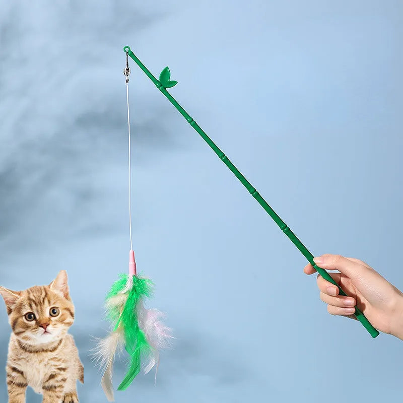 Green interactive cat feather wand toy with bell and colourful refill feathers