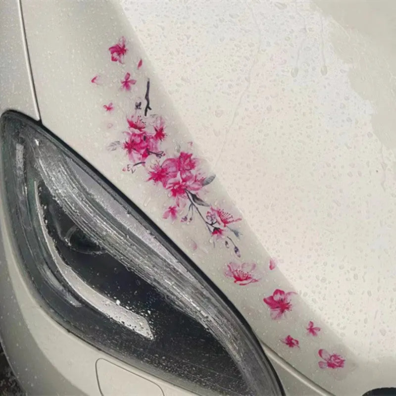 Cherry blossom flower pattern car sticker on vehicle, showing small and large size options.