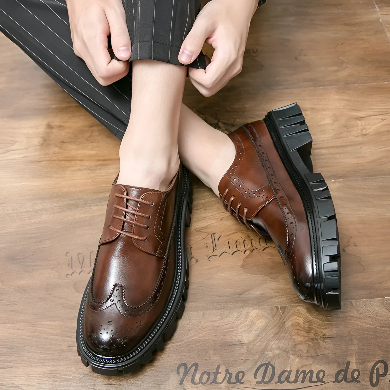 Men's black artificial PU brogue shoes with round toe on a white background.