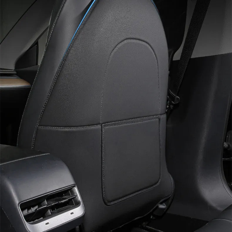 Black leather anti-kick pad for car rear seat protection, showing single pocket.