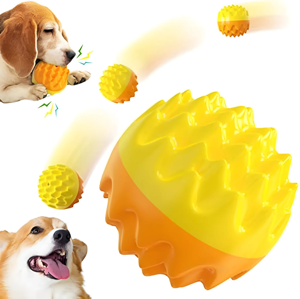 Blue and orange squeaky rubber dog ball with spiky texture for dental cleaning and aggressive chewers