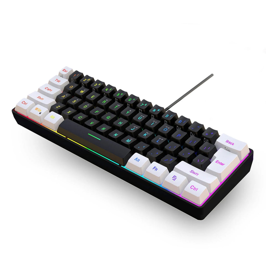 Simple wired 61-key membrane keyboard in white and black colour with compact dimensions and USB cable