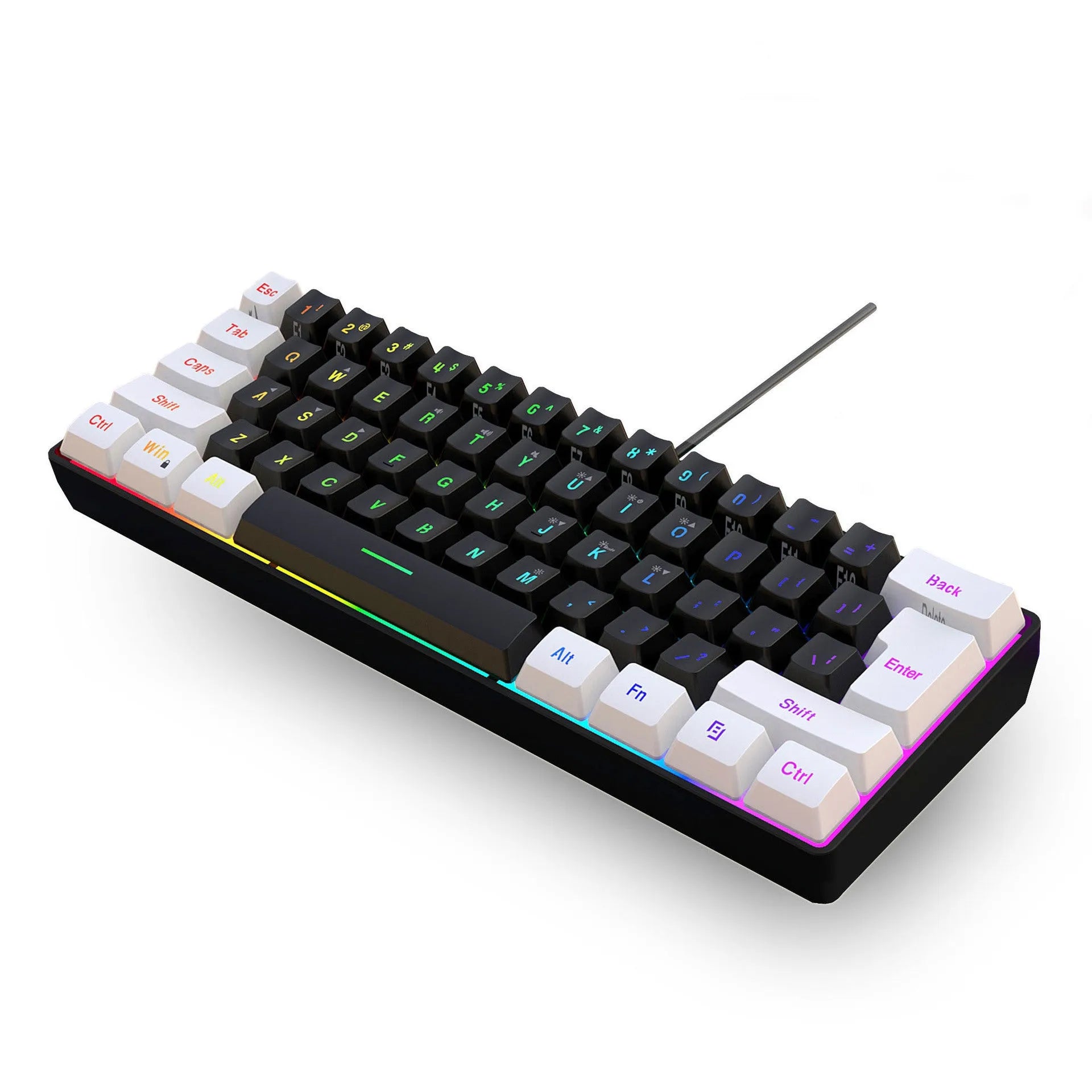 Simple wired 61-key membrane keyboard in white and black colour with compact dimensions and USB cable