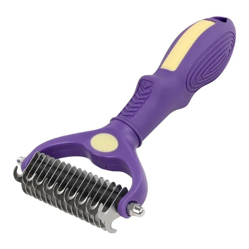 Purple double-sided plastic pet grooming comb for untying knots on cats and dogs