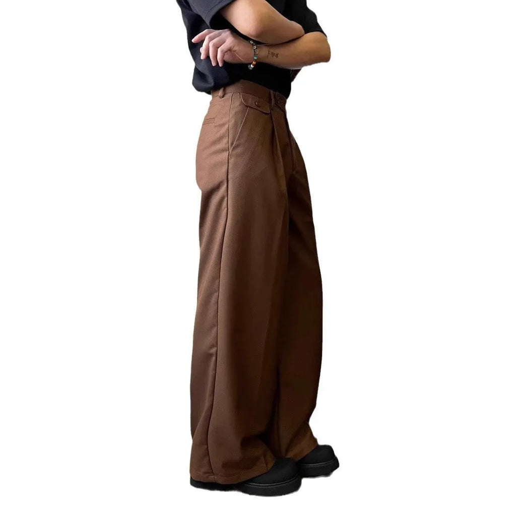 Men's brown casual suit pants with straight loose wide-leg fit and draping style