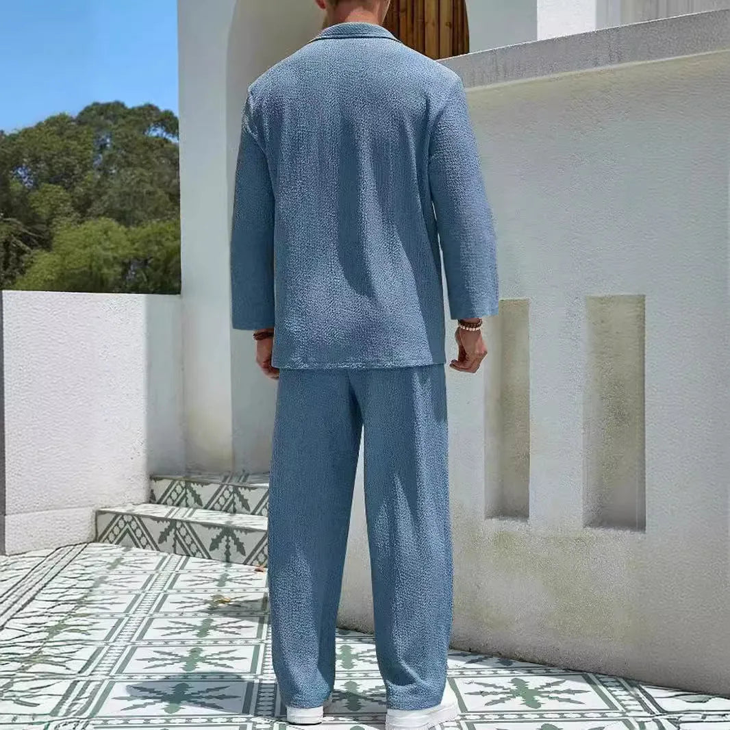Men's casual shirt trousers set in lake blue colour with shirt jacket and matching trousers