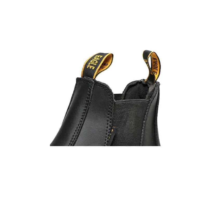Black high-top leather safety work boots with anti-piercing sole on a white background.