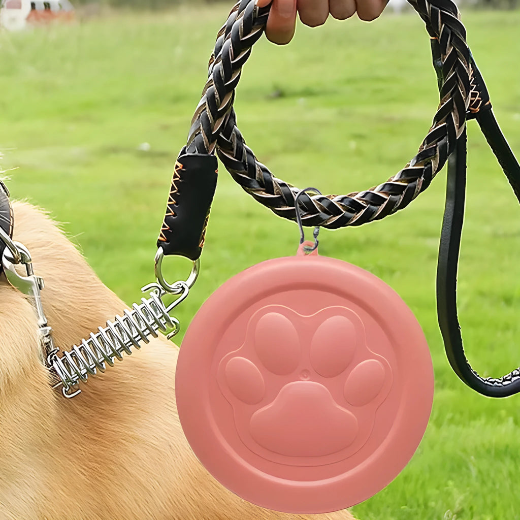 Portable plastic pet food bowl in light pink or green for outdoor travel feeding