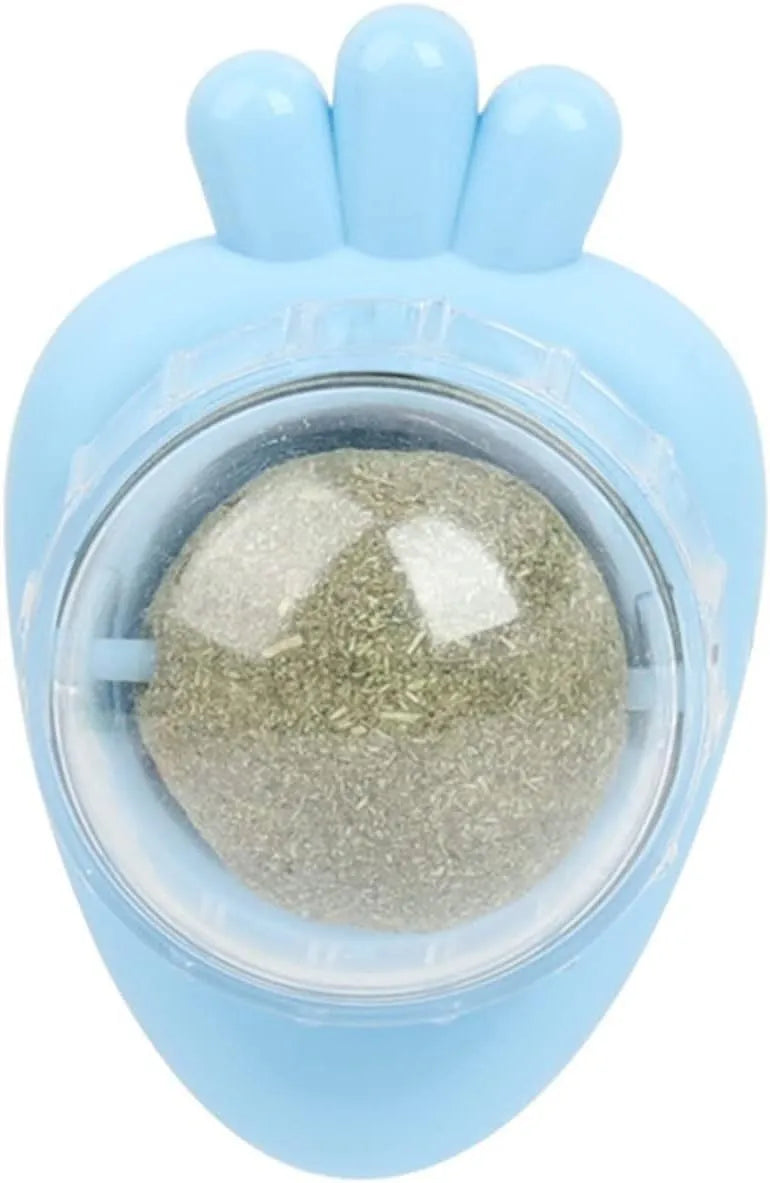 Blue carrot-shaped catnip ball with self-adhesive sticker for wall mounting and feline teeth cleaning