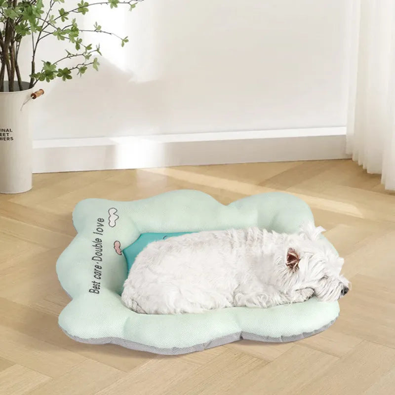 Green ice silk pet cooling mat for a dog, showing size options S, M, L, XL.