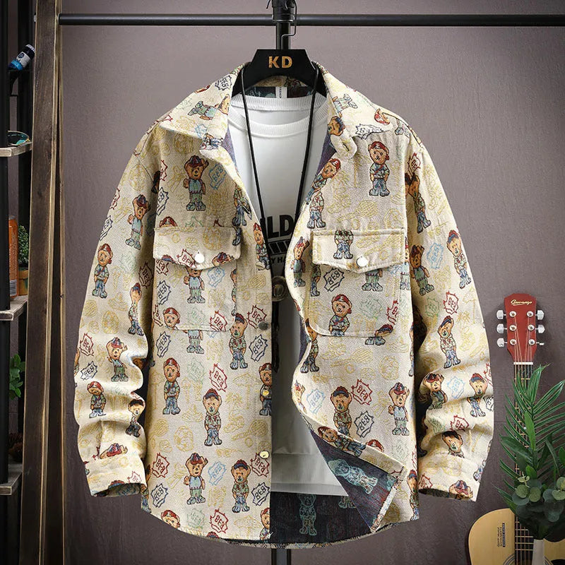 A casual long-sleeved lapel shirt coat in a straight hem style, shown in one of its available colours.