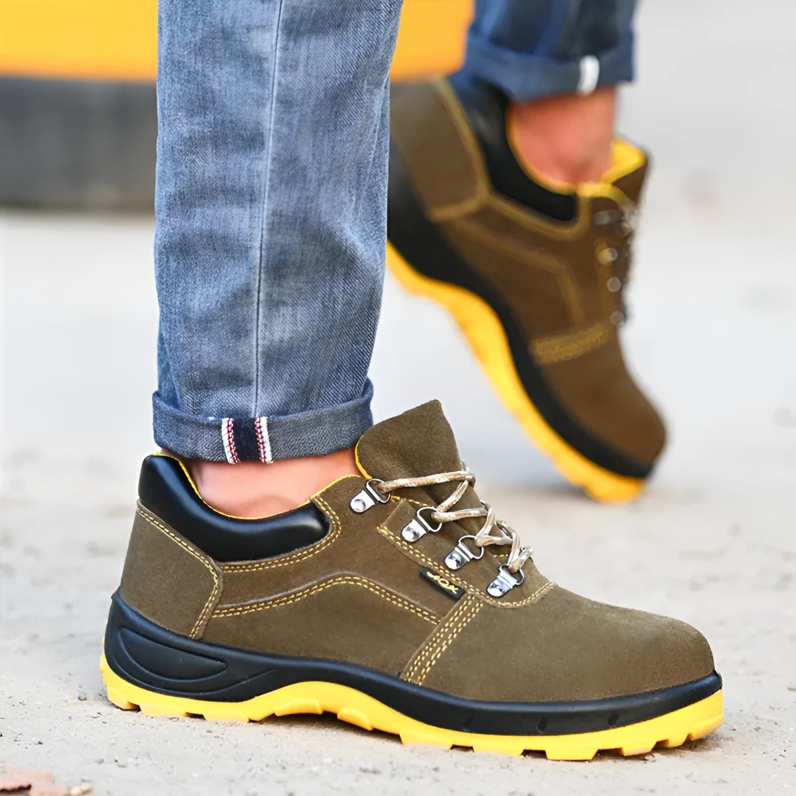 Bronze leather safety shoes with steel toe cap and non-slip sole design