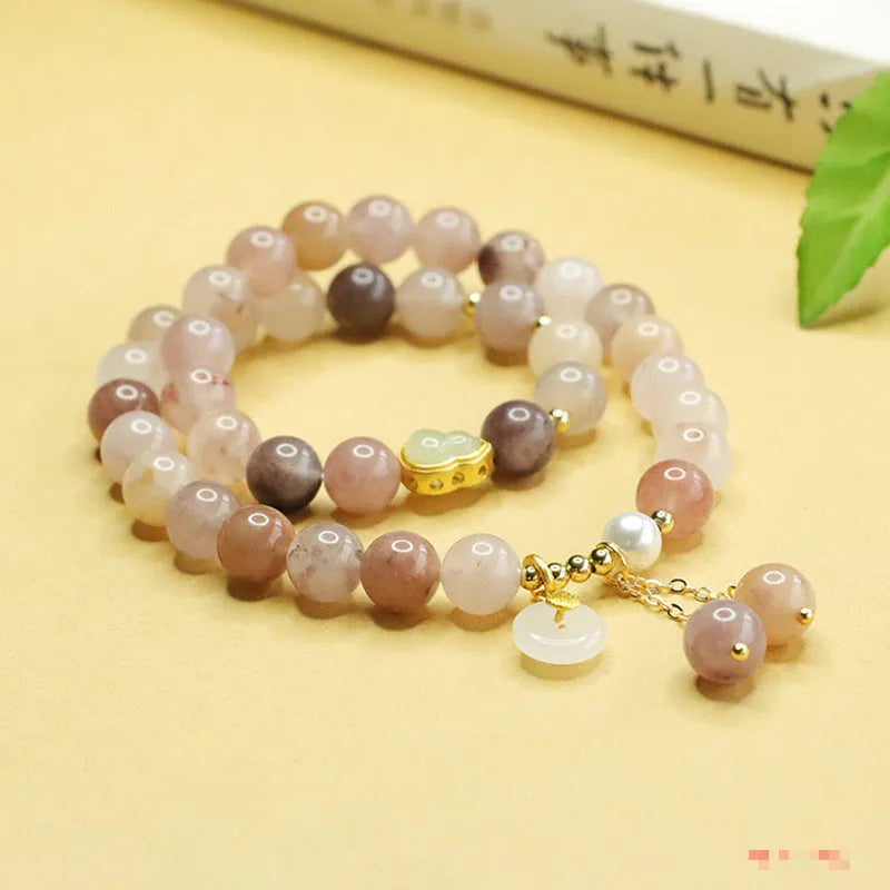 Natural Jinsi Jade double ring bracelet golden silk jade colour 8mm beads unisex gourd style