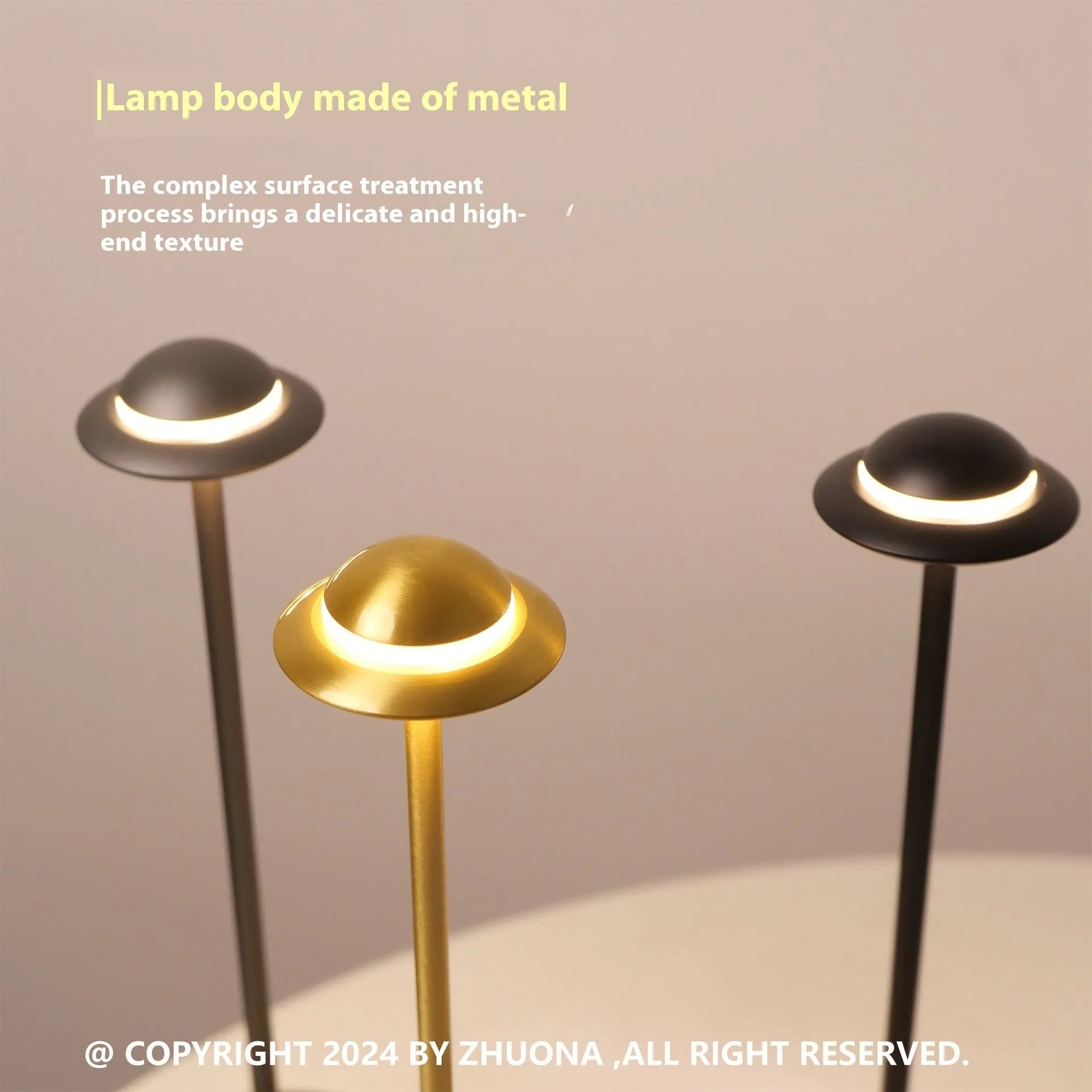 Modern creative UFO-shaped metal desk lamp with touch controls in black, gold, or grey finish.