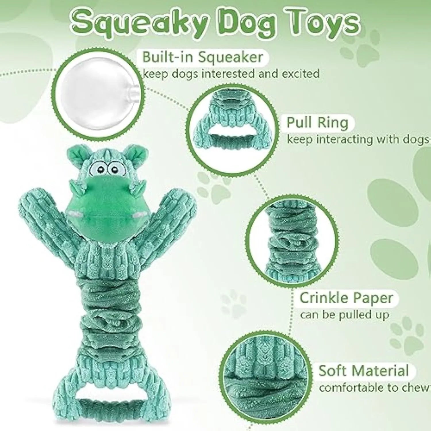 Large squeaky plush dog toy with a handle, showing hippo and monkey design options.