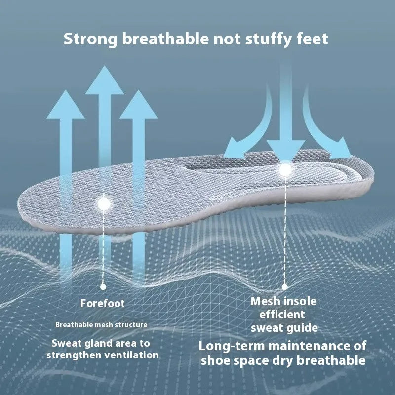 A pair of grey high-elasticity PU foam sports insoles on a white background, shown with scissors to illustrate the cut-to-fit design.
