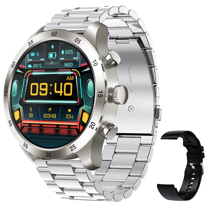 Black Bluetooth smart watch with steel strap on wrist, showing call and health tracking display