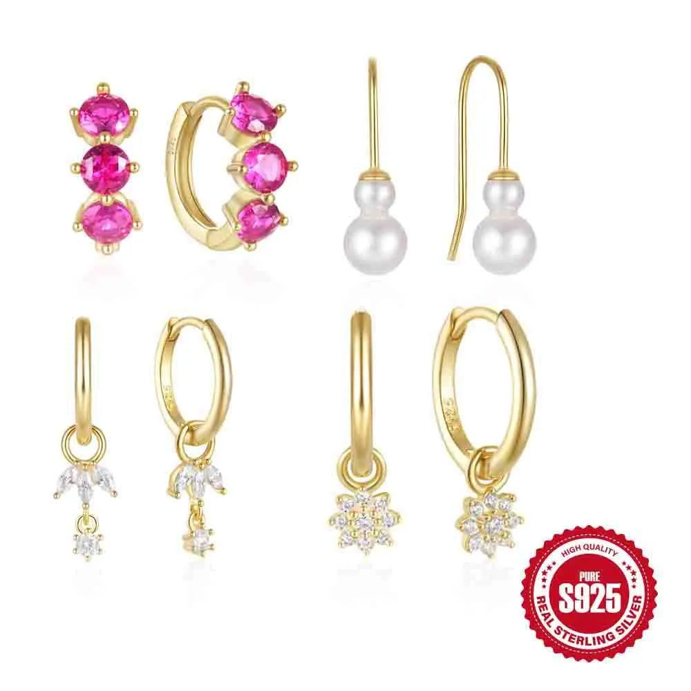 Geometric sunflower earrings in S925 sterling silver with golden-three diamonds finish and inlaid zircon details