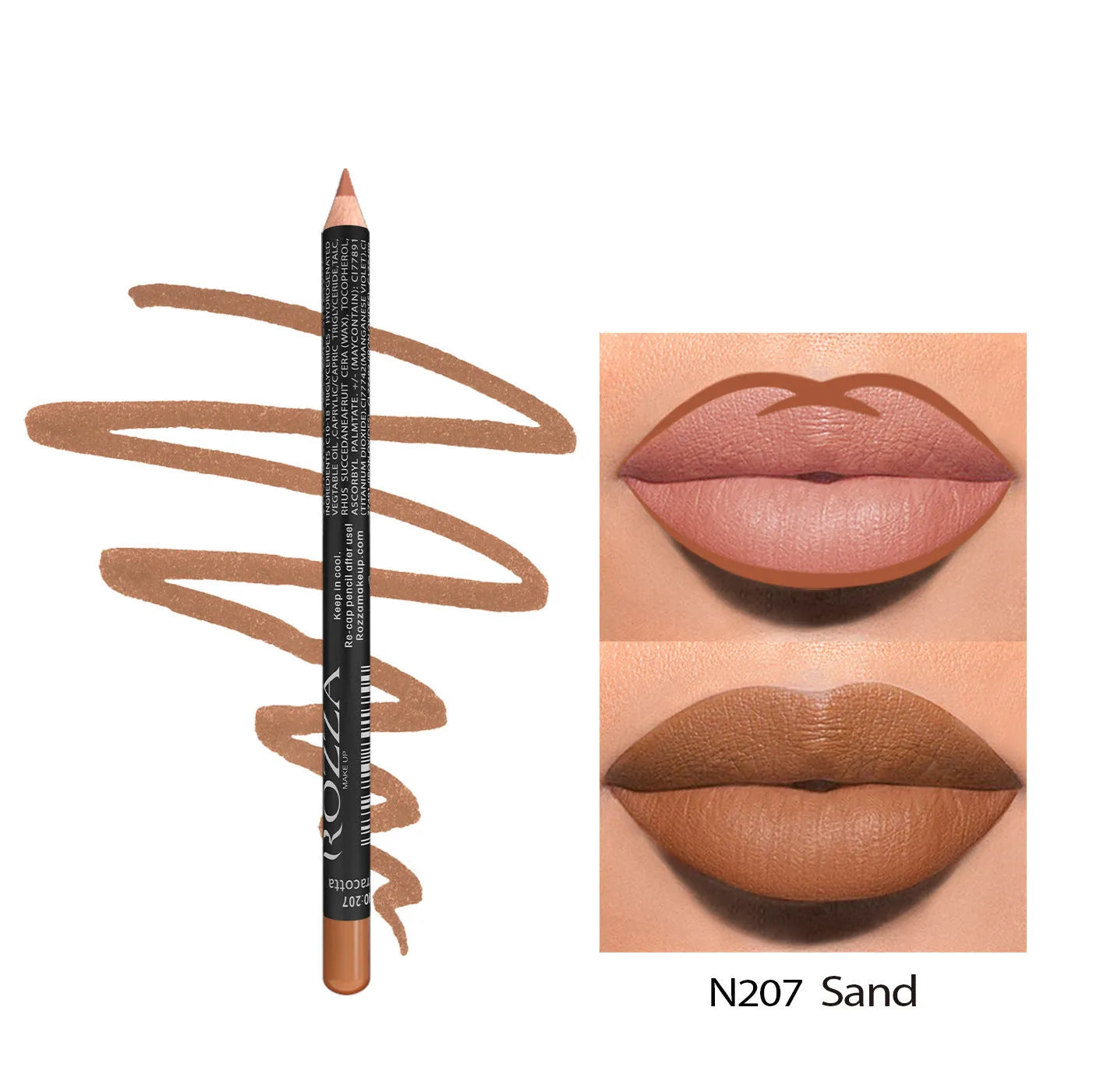 Matte wood lip liner pencil in a shade from the 201-214 colour range, shown sharpened to a point.