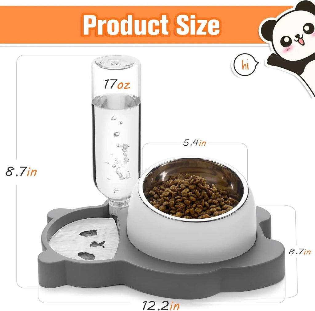 Grey panda-shaped elevated pet feeder with automatic water bottle and tilted food bowls