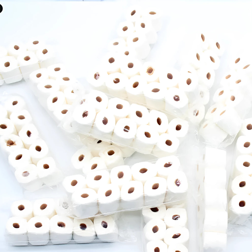 Miniature paper tissue roll model for dollhouse play measuring 30x15x80mm