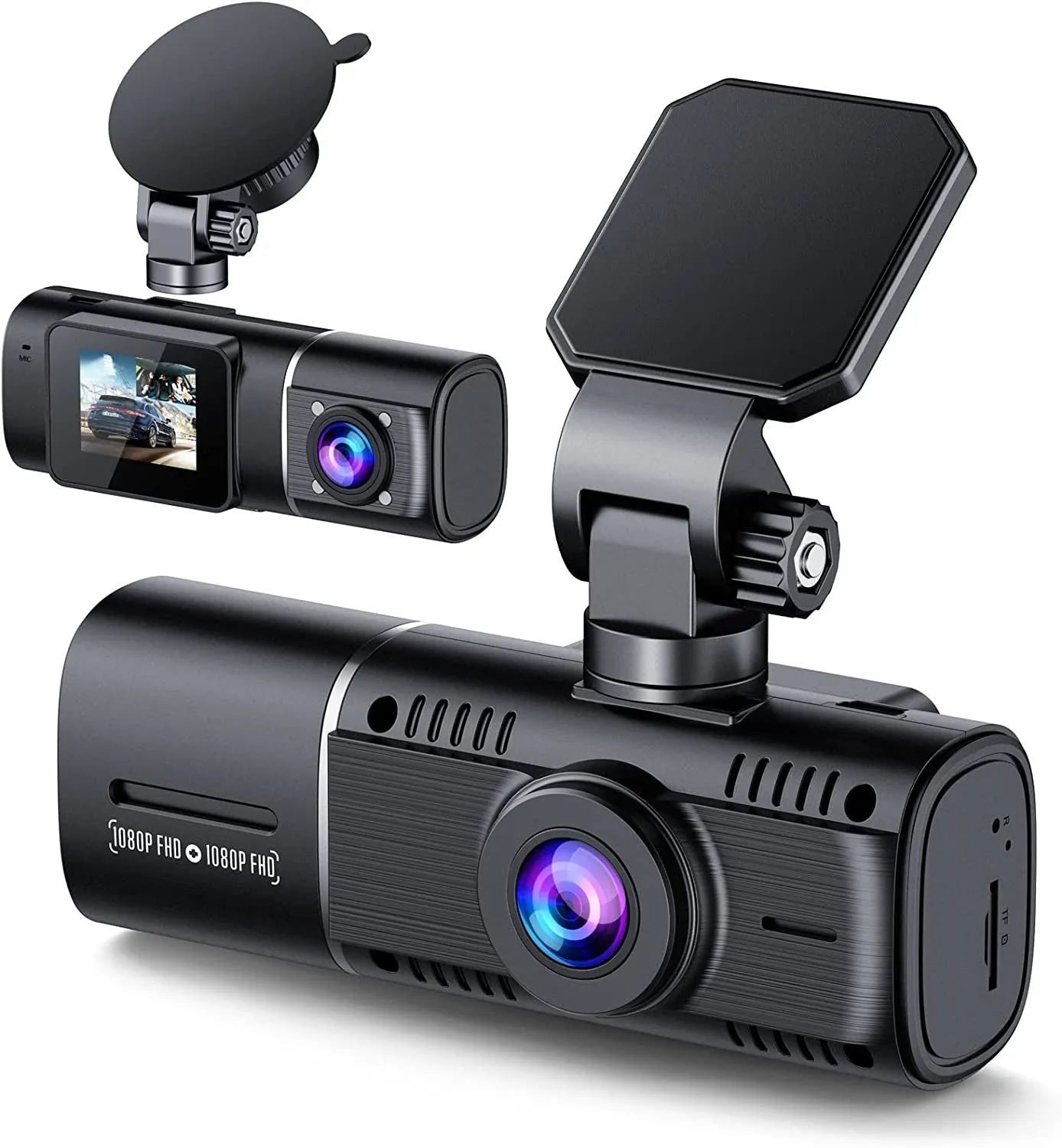 Black car dashcam with 1.5-inch screen showing dual camera recording display for front and rear vehicle monitoring