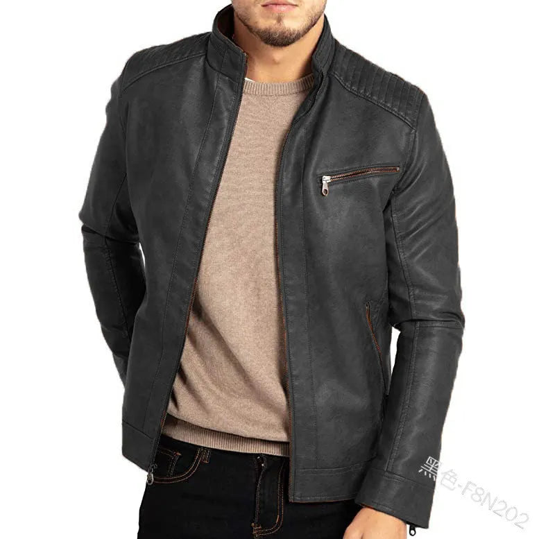 Men's punk style artificial leather biker jacket in Army Green with stand collar and patch pockets