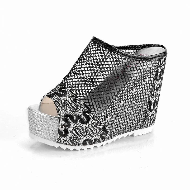 Korean platform sandals with chunky hollowed-out heel, mesh upper, and lace-up design in gold colour.