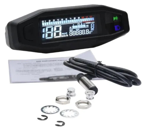 Black motorcycle mini speedometer with LCD display showing oil gauge and instrument readings