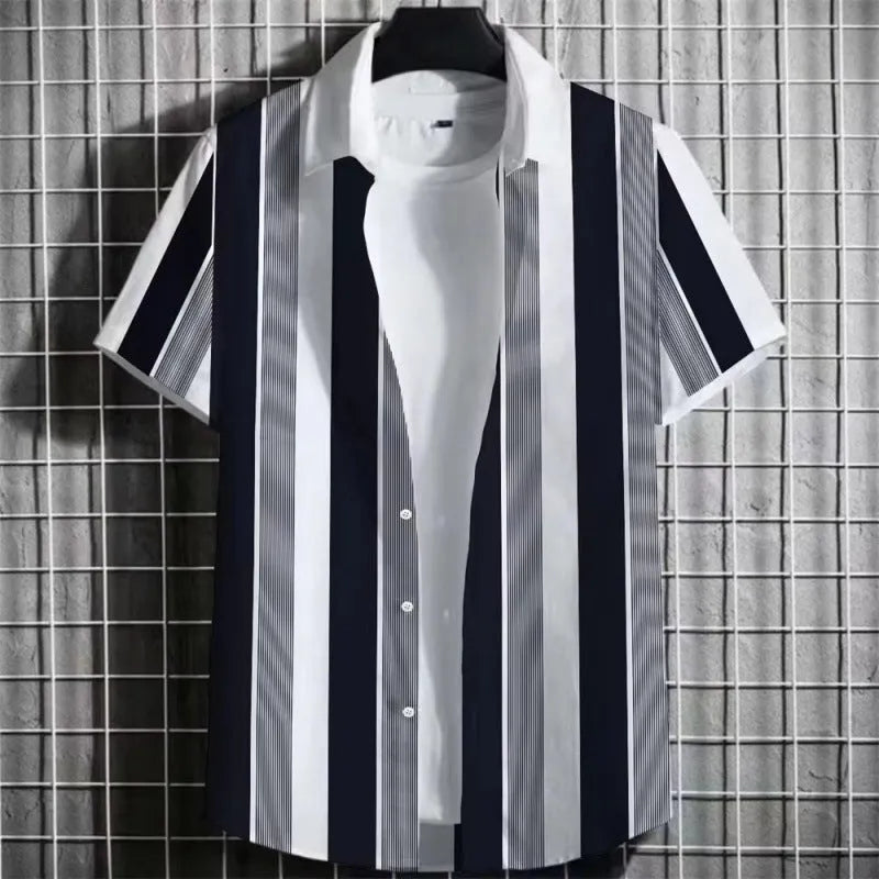 Men's linen T-shirt with 3D printed stripes on a simple striped background, short sleeve design