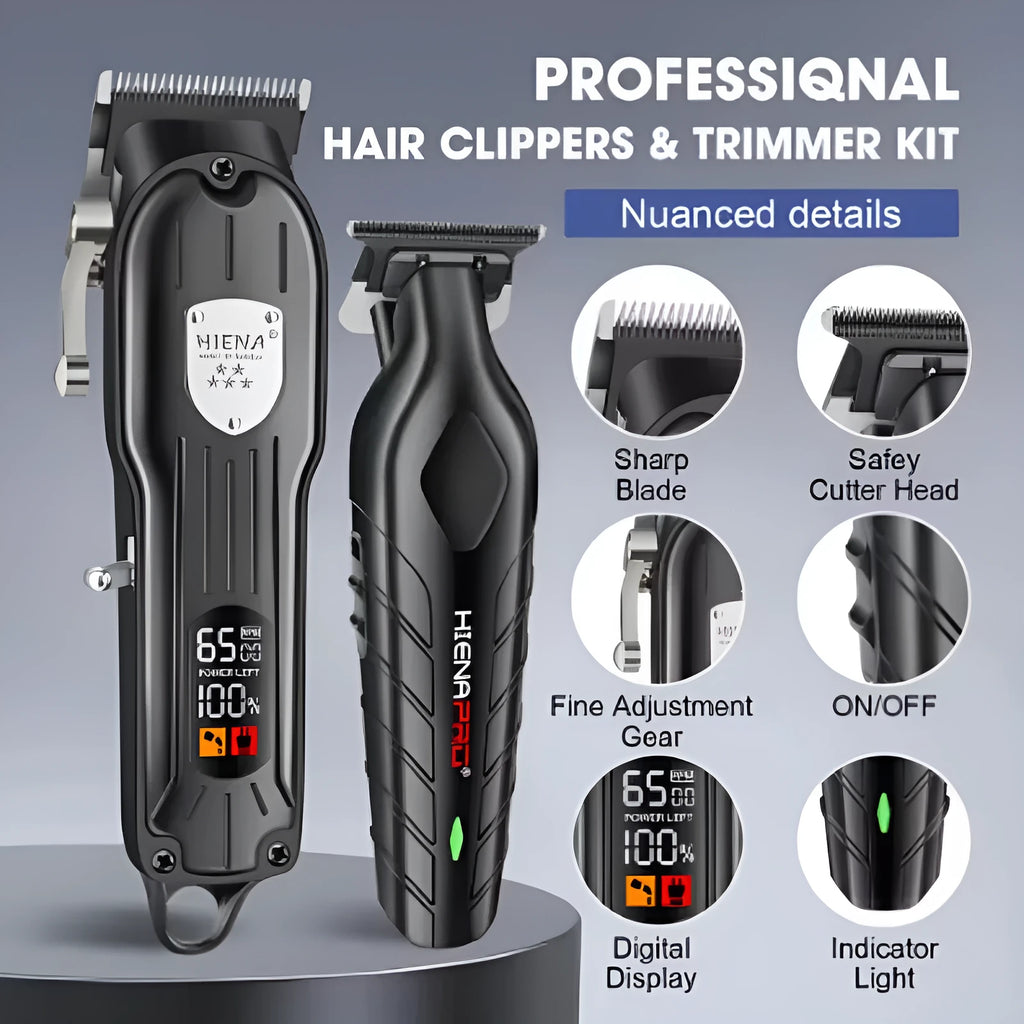 Black professional hair clipper and foil shaver set with USB cable and LED display.