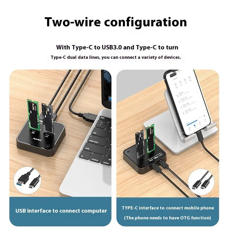MAIWO K3016 M.2 SSD docking station with data cables and power adapter for drive cloning