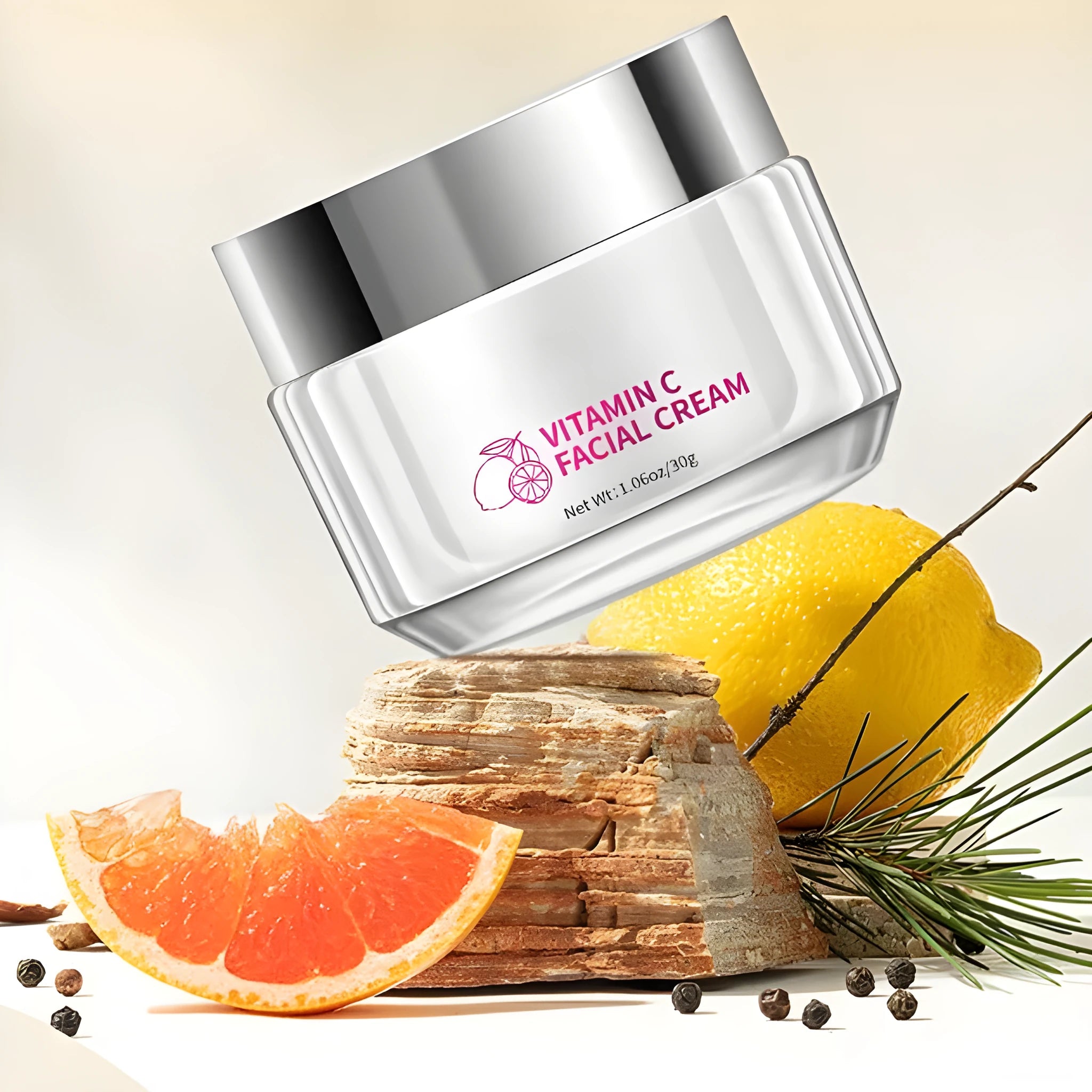 Vitamin C face cream jar 30g with universal skin type label showing 6cm dimensions