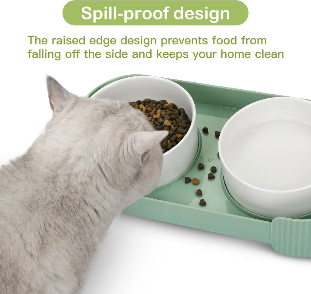 Green ceramic elevated cat bowls with 15-degree tilted stand for food and water
