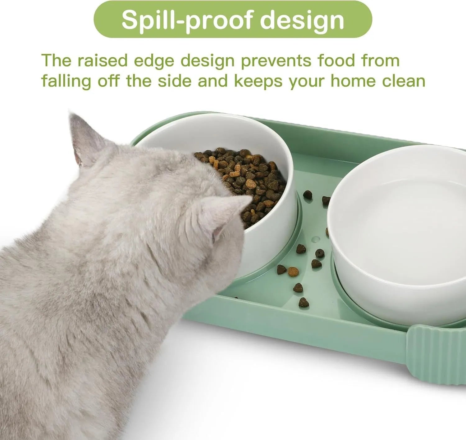 Green ceramic elevated cat bowls with 15-degree tilted stand for food and water