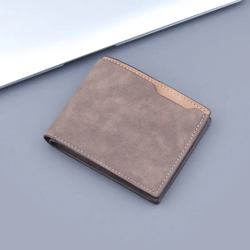 Men's short PU bifold wallet in frosted dark brown contrast colour, 11.5x9.5cm compact size