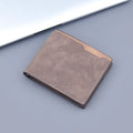 Men's short PU bifold wallet in frosted dark brown contrast colour, 11.5x9.5cm compact size