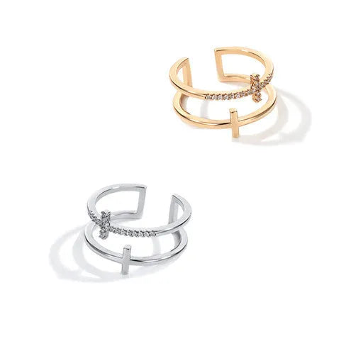 Geometric adjustable copper ring for women with inlaid zircon stones in gold colour.