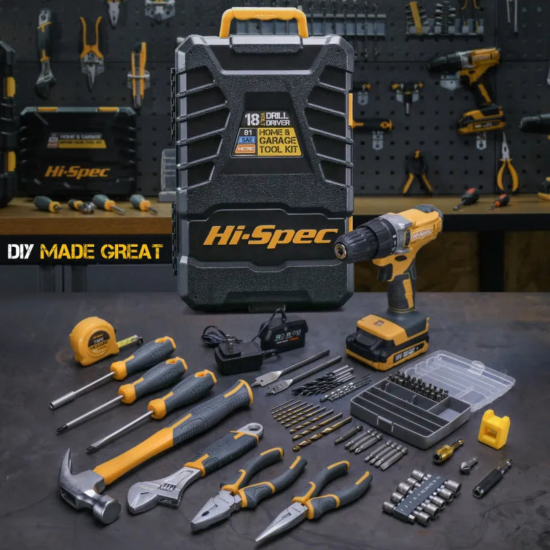 Grey yellow US style 82-piece chrome-vanadium steel tool set for furniture installation.