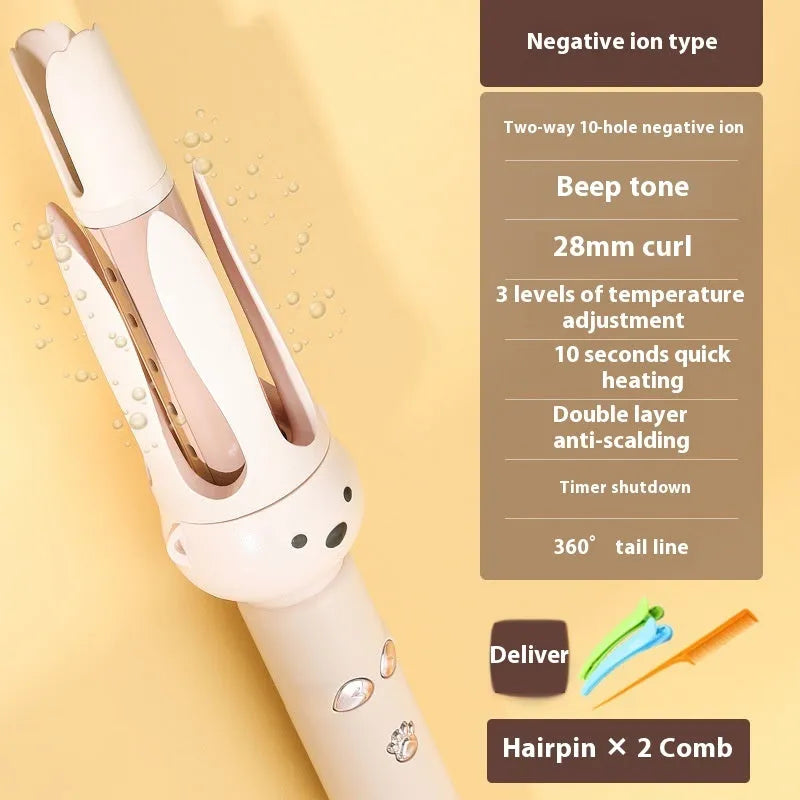 Beige anion automatic hair curler with styling stick on white background