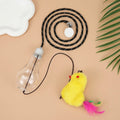 Grey and yellow interactive cat toy with dangling mouse, elastic rope, and treat dispenser for door frames