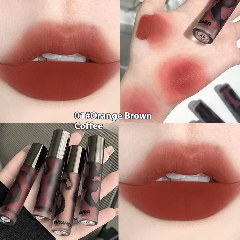 Lava Secret matte liquid lipstick tube showing no-stain technology and five natural shade options