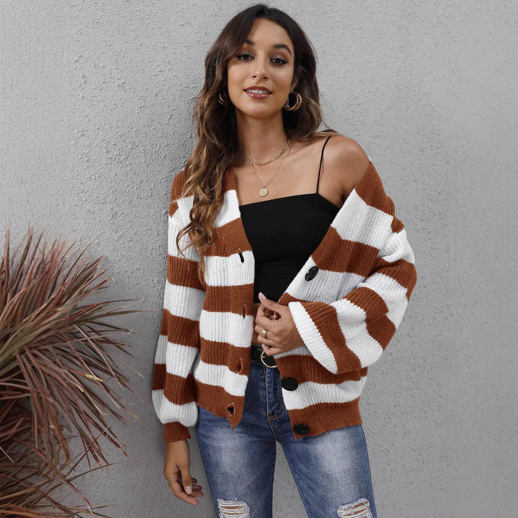 Women's striped button-front cardigan sweater in deer plush fabric, shown in blue.