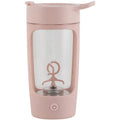 Portable automatic mixing blender cup in black, blue, pink, or white, showing compact size