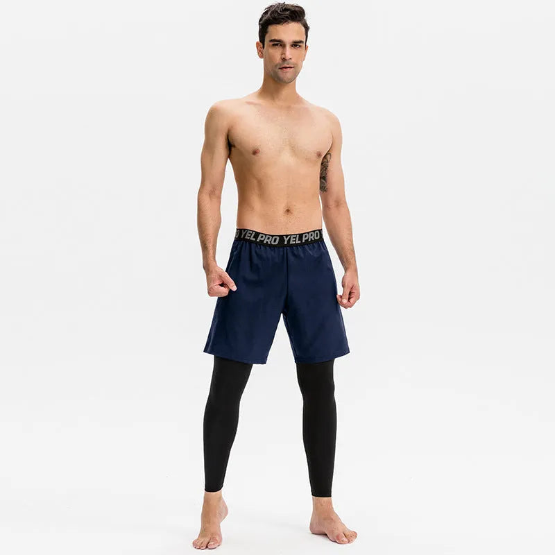 Men's grey quick-drying high elastic tight fitness pants for running and training.